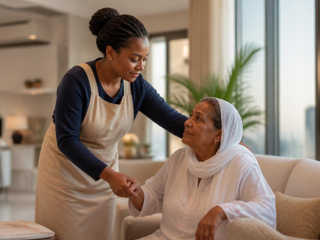 Tayyib Shaghalats young nanny caregiver gently assisting an elderly woman at home